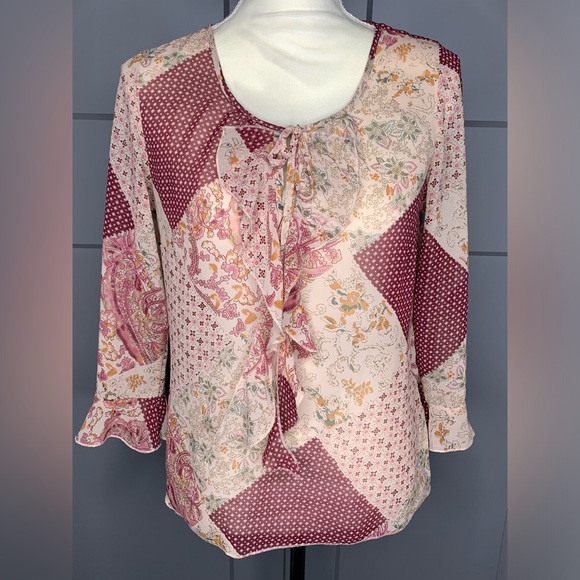 Apt 9 Floral Jabot Sheer Blouse Womens Small Ruffle Front Bell Sleeve Boho - Picture 1 of 10